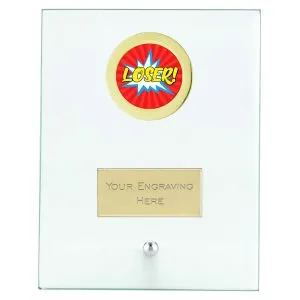 Crest Personalised Booby Prize Loser Glass Plaque with Trim and Chrome Pin