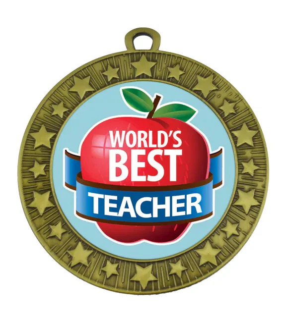 VF Star Worlds Best Teacher Apple Medal 70mm - Image 2